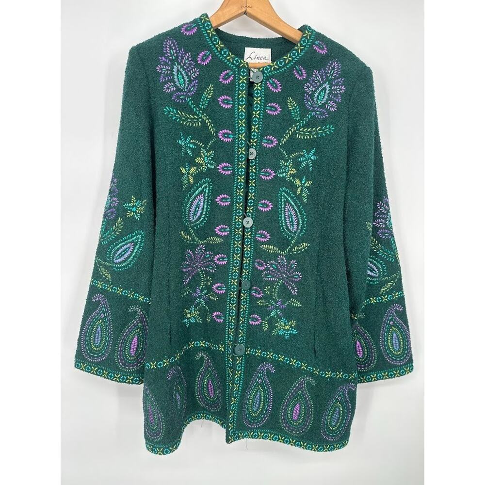 Linea by Louis Dell'Olio Jacket Medium Green Embroidered Boiled Wool Art to Wear